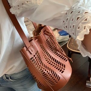 Brown leather bucket bag